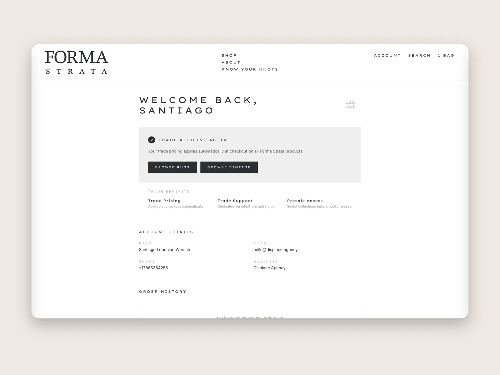 Forma Strata trade account page